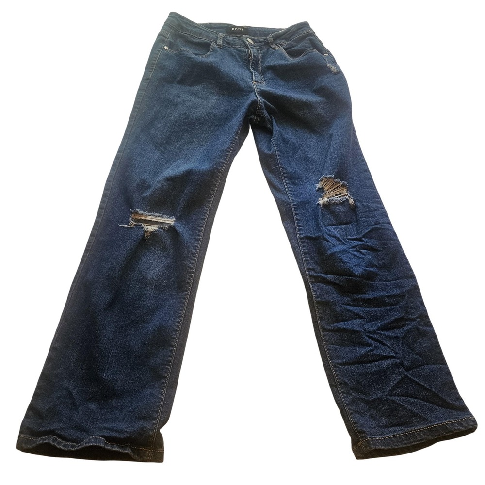 DKNY Jeans Womens 14 Blue Distressed Ripped Straight Leg Denim Casual‎ Trendy